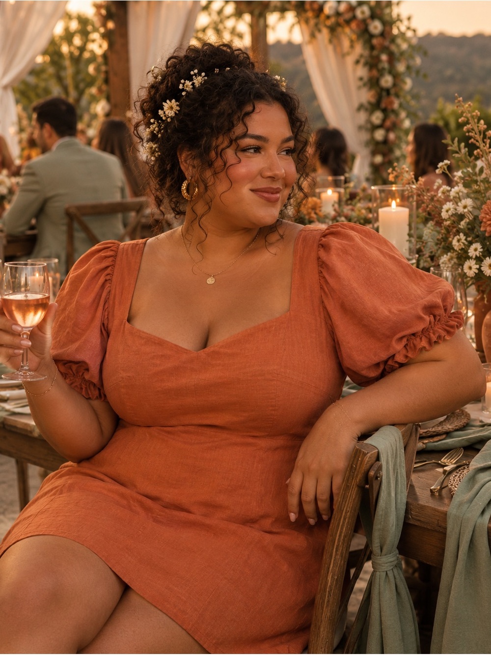 Linen Puff Sleeve Mini Dress|16 curvy plus size party wedding guest terracotta